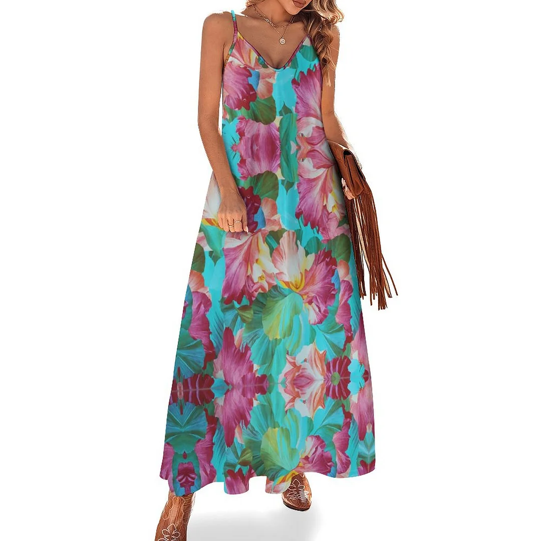 Style & Comfort for Mature Women Plus Size Printed Sling Casual Women Maxi Dress in Pattern Petals, Rose Red, Blue
