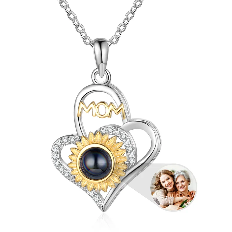 Personalized Sunflower Projection Necklace Custom Photo Double Heart Necklace for Mother
