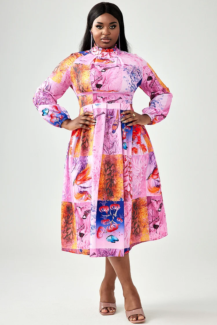 Xpluswear Design Plus Size Semi Formal Dress Pink All Over Print Long Sleeve Midi Dress [Pre-Order]