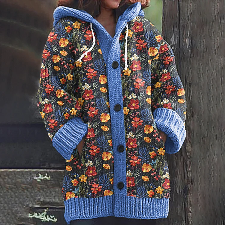 Vintage Floral Pattern Print Cozy Knitted Hooded Cardigan