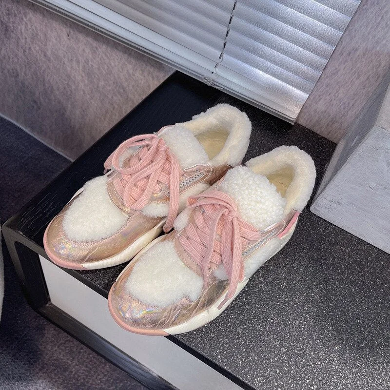 Lambswool Keep Warm Female Snow Boots 2021 Winter New Wool Inside Thicken Fur Shoes Women's Platform Sneaker Chunky Fur Shoes