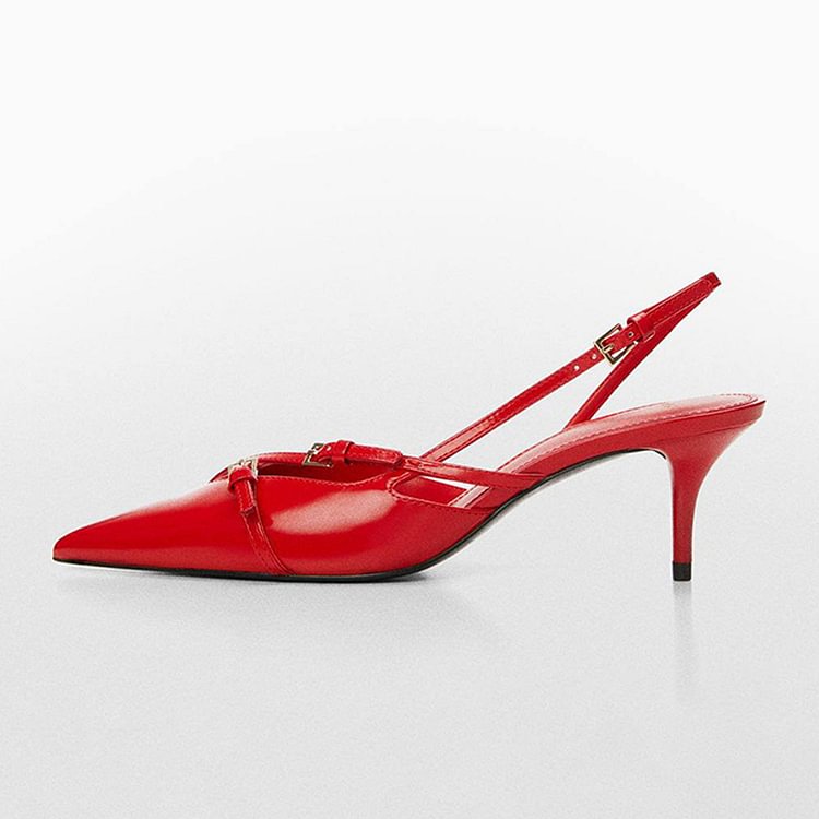 Red Pointed Toe Kitten Heels Slingback Pumps with Buckled Straps