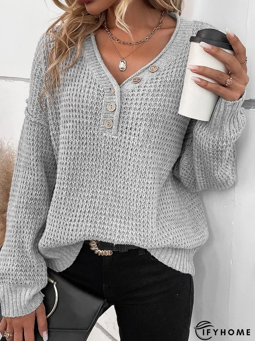 Plain V Neck Knitted Casual Sweater | IFYHOME