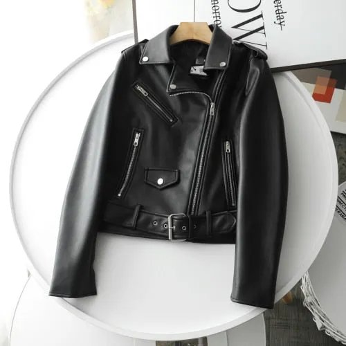 Ailegogo New Spring Women Streetwear Biker Leather Jacket Slim Fit Turn Down Collar Coat Outwear with Belt Black Pu Faux Leather