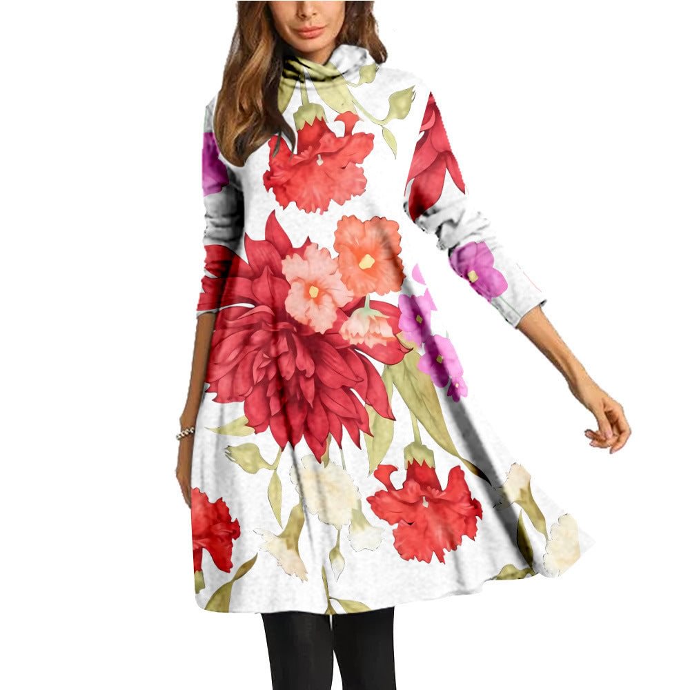 Floral Tie-dye Women's High Collar Long Dress Clothing