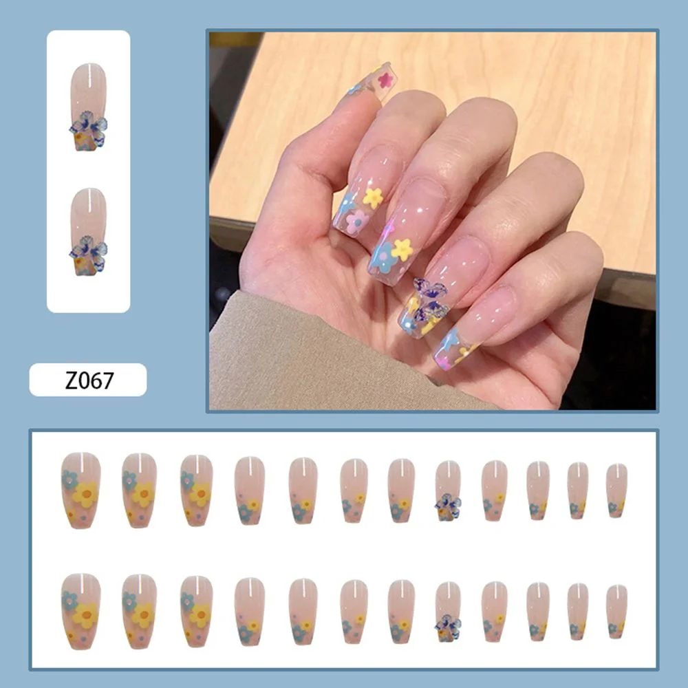 24Pcs Detachable Butterfly Rhinestone French Ballerina False Nails Artificial Coffin Full Cover Fake Nails With Glue Manicure-Nail Inspo