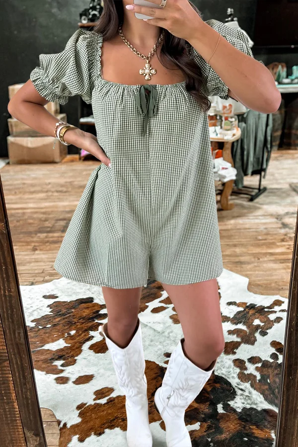 Sweet Plaid Puff Sleeve Romper