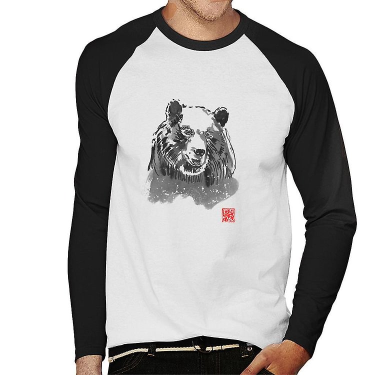Bear Portrait Black Ink Men's Baseball Long Sleeved T-Shirt