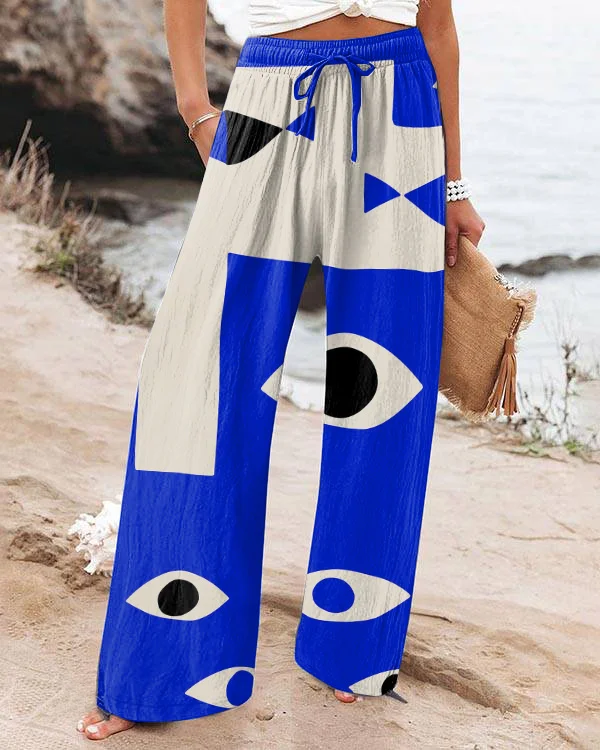 Retro Abstract Eye Art Loose Print Wide Leg Pants