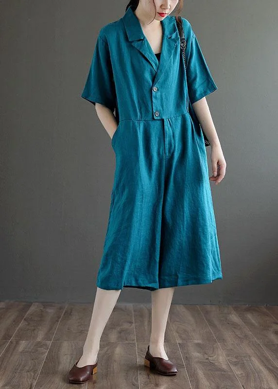 Bohemian Blue Pockets Button Vacation Summer Linen Dress