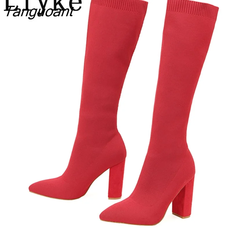 Tanguoant 2023 Autumn Winter Knitted Stretch Fabric Socks Women Knee High Boots Fashion Red Pointed Toe Square Heels Shoes Size 42