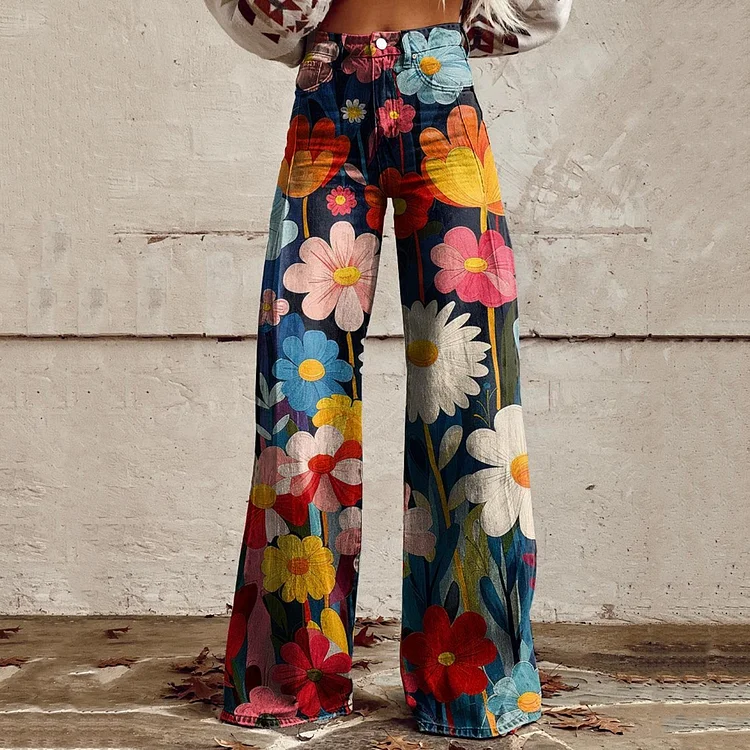 Comstylish Vintage  Colorful Flower Geometric Pattern Print Casual Wide Leg Jeans