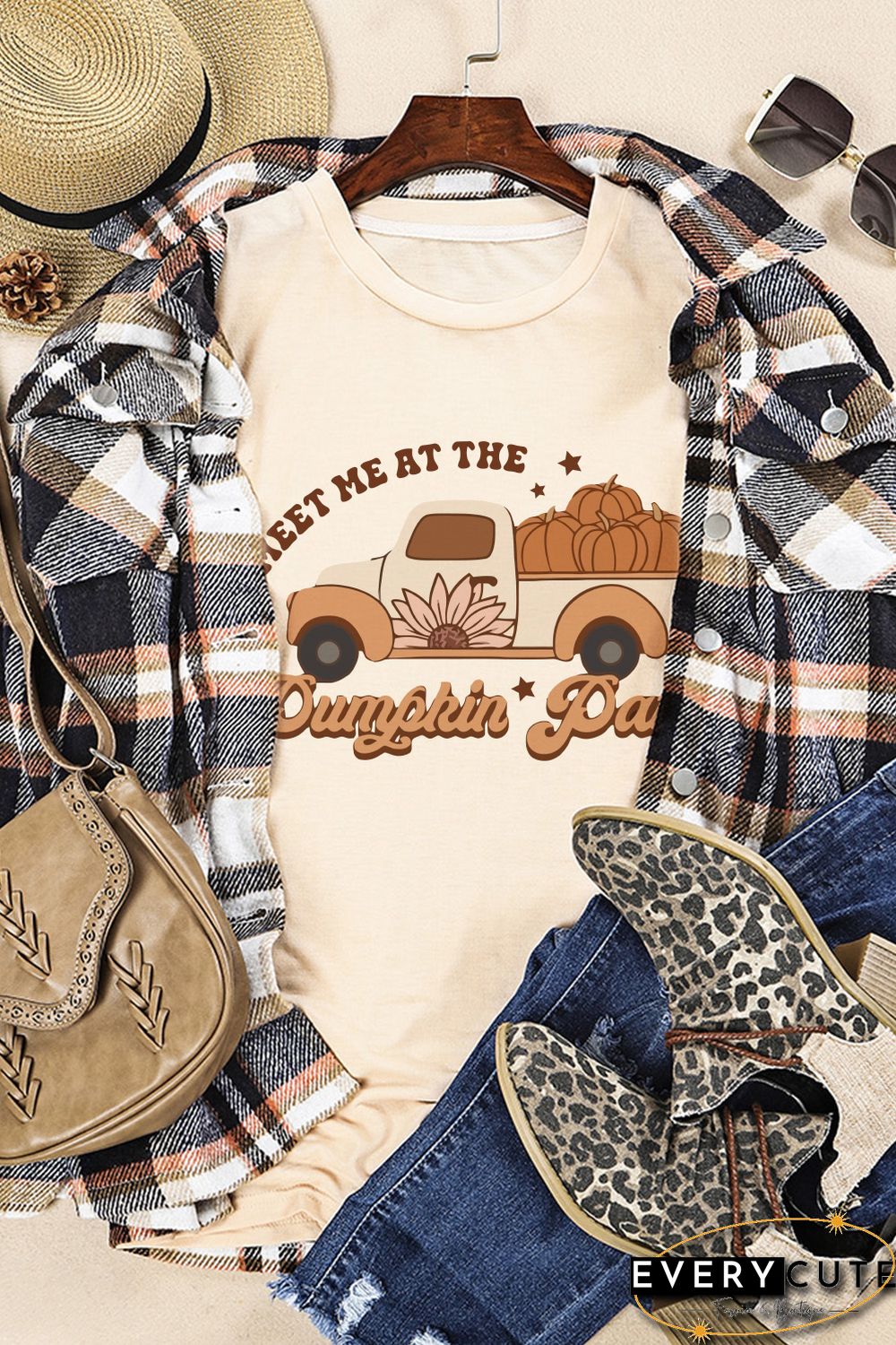 Khaki Pumpkin Patch Truck Graphic Print Short Sleeve Tee