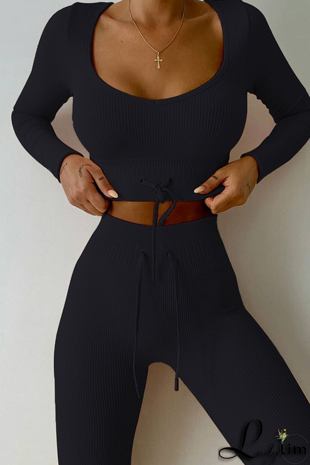 Light Green Casual Sportswear Solid Frenulum V Neck Long Sleeve Two Pieces