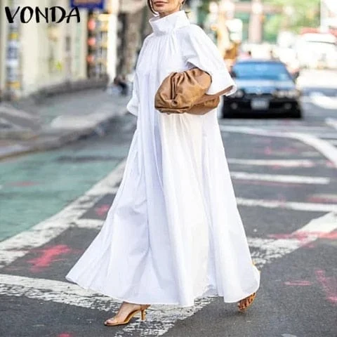 Pornhint 2023 VONDA Summer Dress Women Turtleneck Vintage Short Sleeve Party Dresses Elegant Robe Bohemian Vestidos Long Maxi Robes Femme