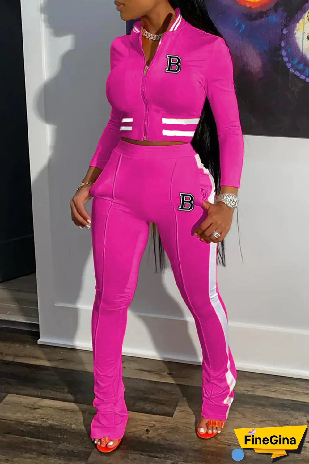 Black Street Print Patchwork Mandarin Collar Long Sleeve Two Pieces