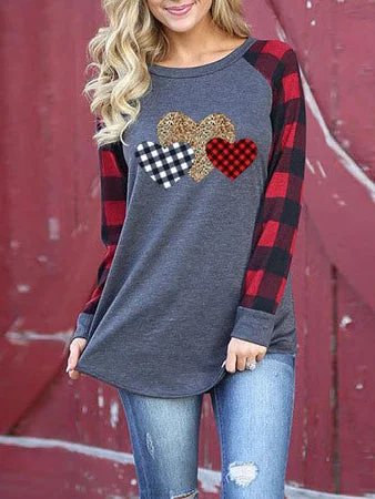 Round Neck Long Sleeves Hearts printed Lattice splicing T-shirt