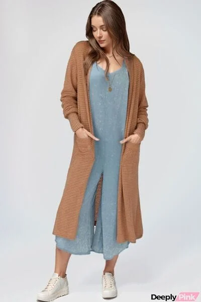 Open Front Long Sleeve Longline Slit Cardigan