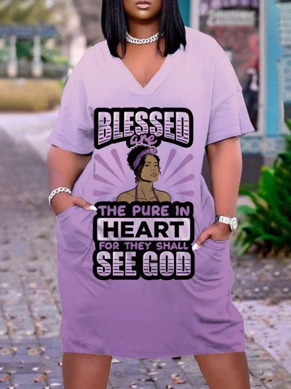 Women's Purple Plus Size V-neck Mid-sleeve Dress