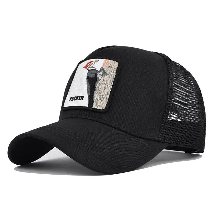 Cross-Border Pecker Embroidered Baseball Cap Woodpecker Embroidered Patch Peaked Cap Mesh Fitted Cap Curved Brim Sun Hat