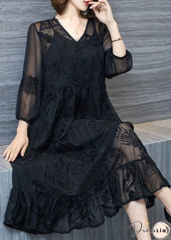 Organic Black V Neck Embroidered Patchwork Tulle Dresses Summer
