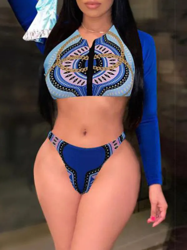 Floral Long Sleeve Zipper Backless Brazilian Wetsuit