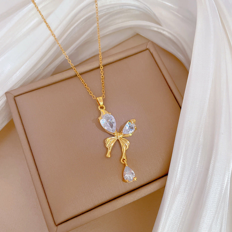 Butterfly Tassel Full Diamond Gorgeous Full Diamond Necklace Women’S Versatile Clavicle Chain Titanium Steel Chain