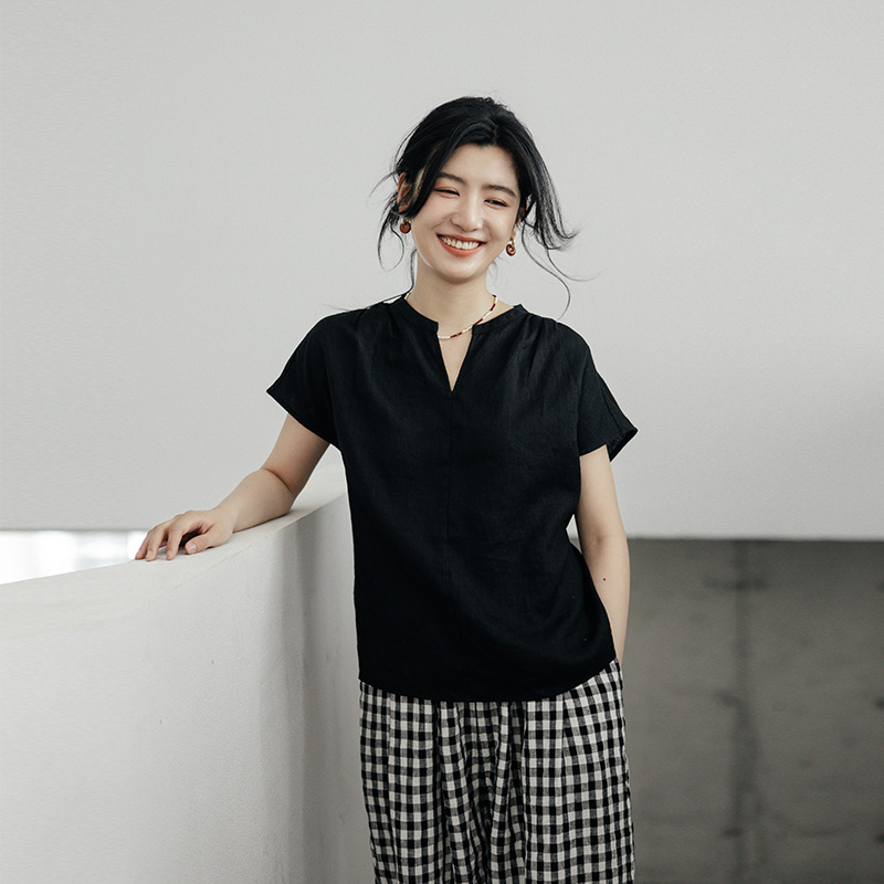 Myopiclunacy Artistic Washed Linen Short Sleeve V-neck T-shirt Charming Lady Black White Grey Series New Bloom 48 Blooming Shirt