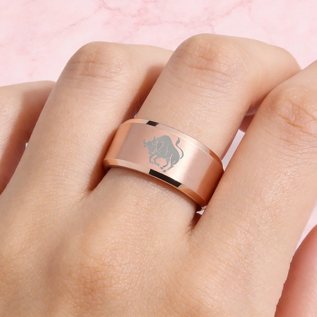 Mens Womens Rose Gold Taurus Tungsten Carbide Rings Rose Gold Edges and Laser Etched Wedding Bands Comfort Fit 4MM 6MM 8MM