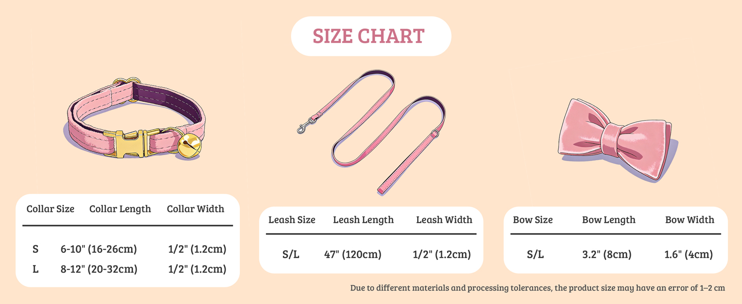 Size chart for cat collar, leash, bow