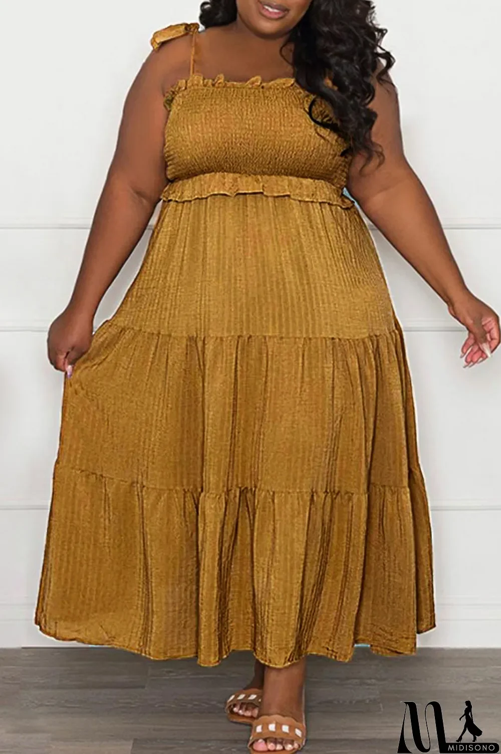 MidiSono - Pink Casual Sweet Solid Bandage Patchwork Fold Spaghetti Strap Sling Dress Plus Size Dresses