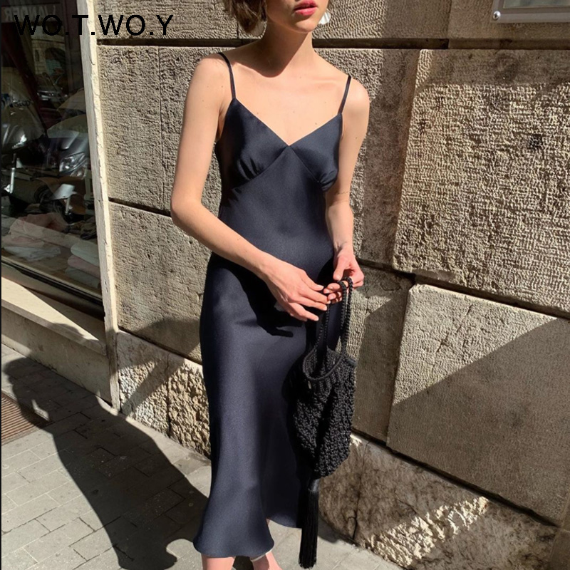 WOTWOY   V-neck Sleeveless Dresses Women Spaghetti Strap Mid-Calf Sheath Party Dresses Femme Clothes Women Summer   New