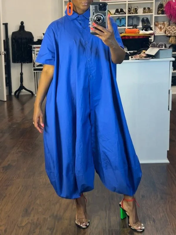 Half Sleeves Loose Buttoned Elasticity Pockets Solid Color Lapel Jumpsuits