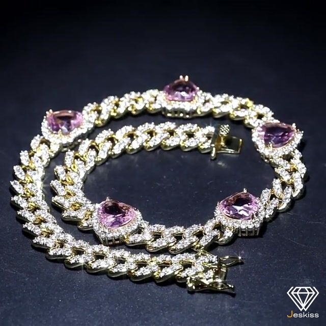 Trendy Fashion Gold/Silver Iced Out 9MM Pink Heart Cuban Link Chains