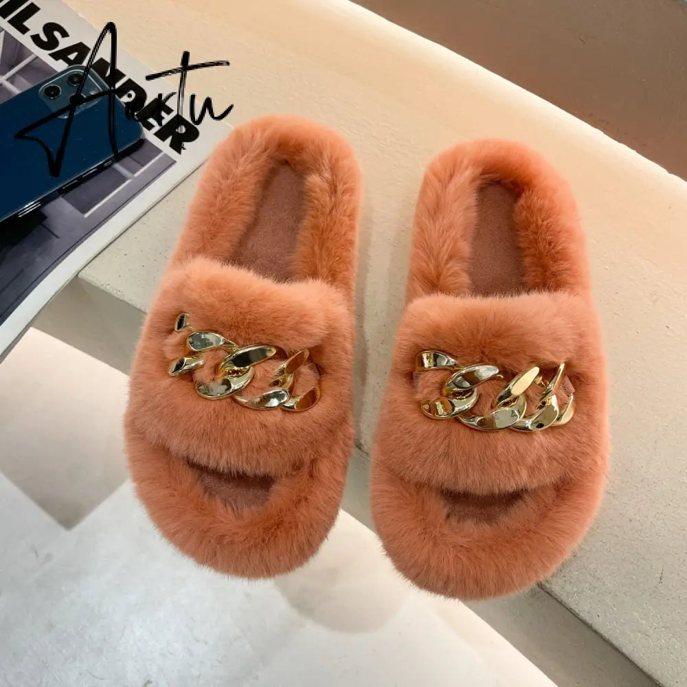Aiertu  Women Fashion Metal Chain Warm Fluffy Slippers Cozy Faux Fur  Indoor Floor Outdoor Slides Flat Soft Furry Ladies Celebrities Fli Aiertu