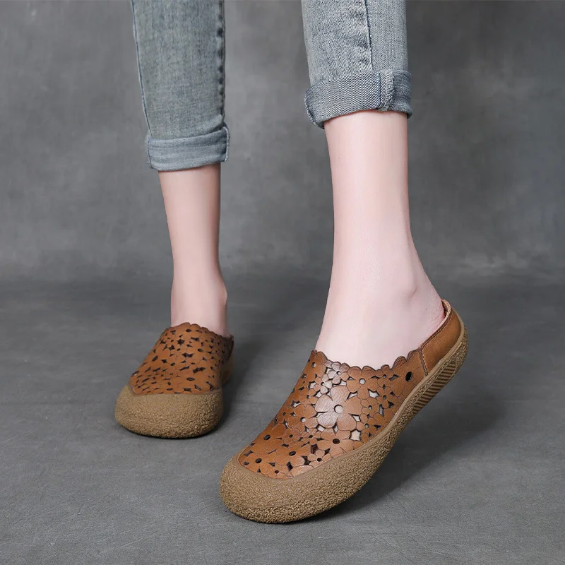 Yyvonne Half Slippers Women's Summer New National Style Wear Retro Soft Sole Shoes Flat Sandals Hollow Women's Shoes