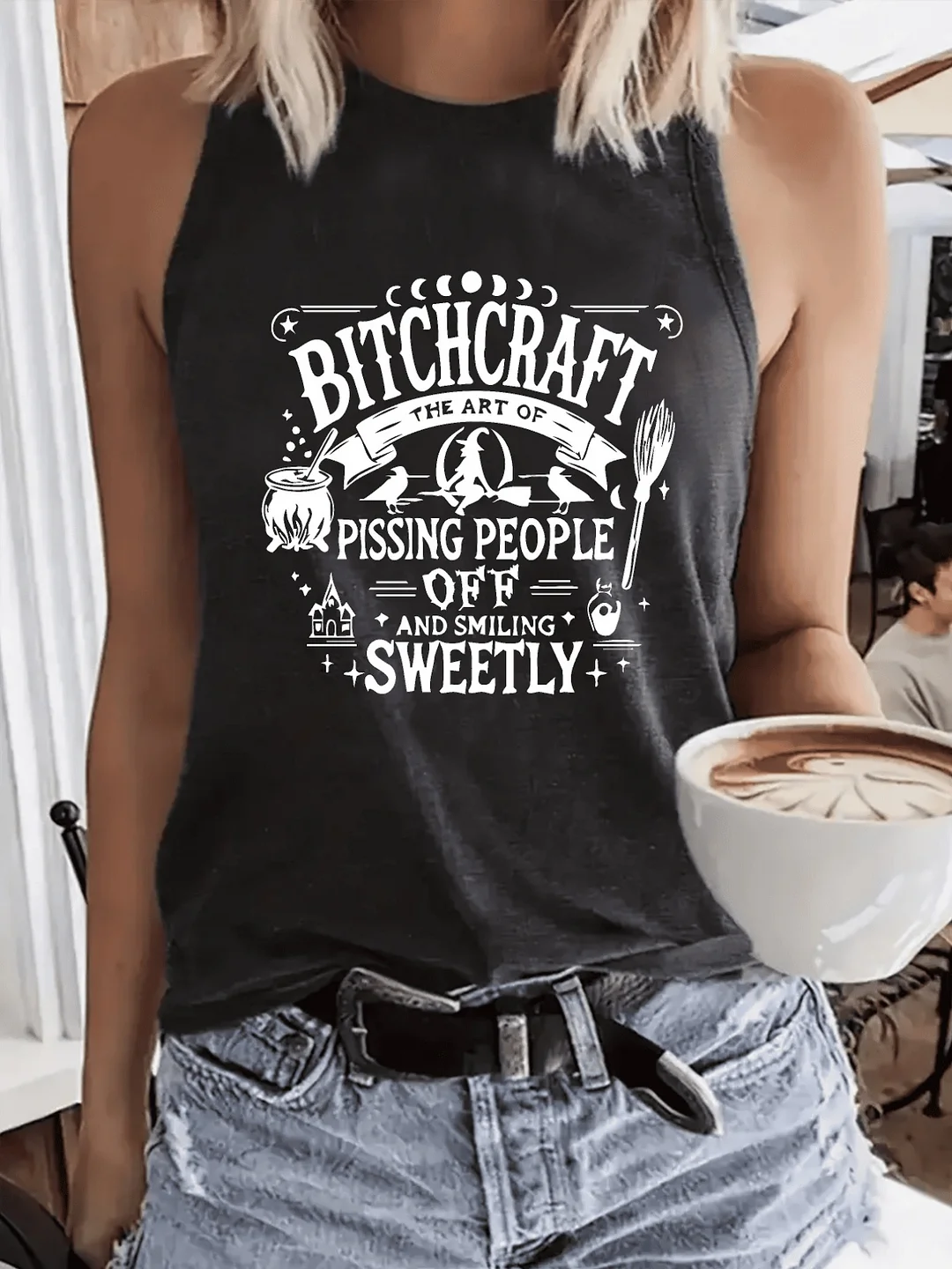 Women's Witchcraft Graphic Sleeveless Vest Top - Edgy Slogan Print, Loose Fit Round Neck, Breathable Lightweight Casual Summer Tops For Women, Outdoor Clothing, Nontransparent Fabric | IFYHOME