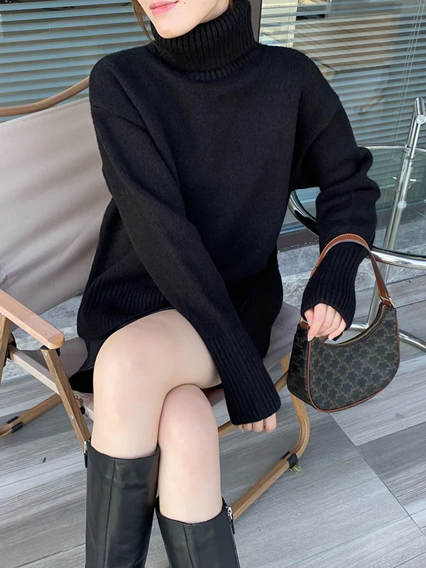 Simple High-Low Loose Solid Color High-Neck Sweater Tops