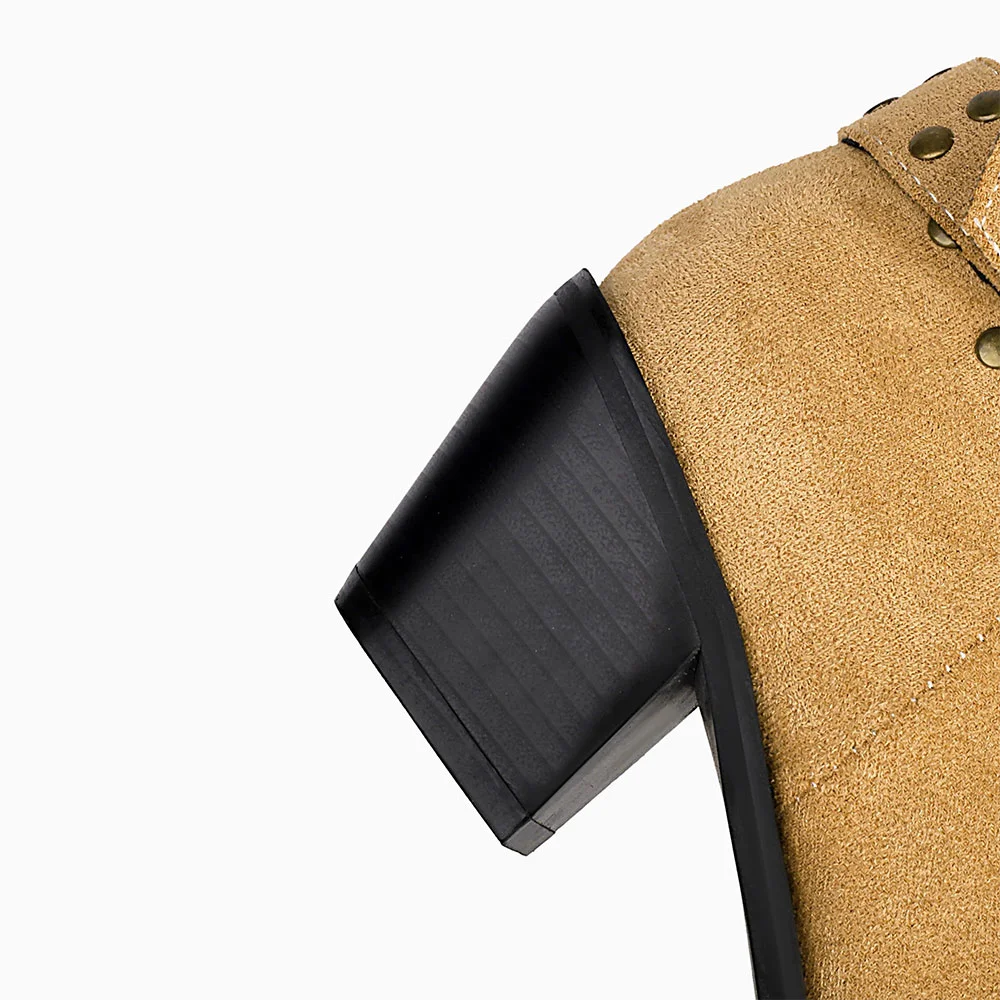 Tan Mid Block Heel Studded Pointed Toe Western Boots for Women