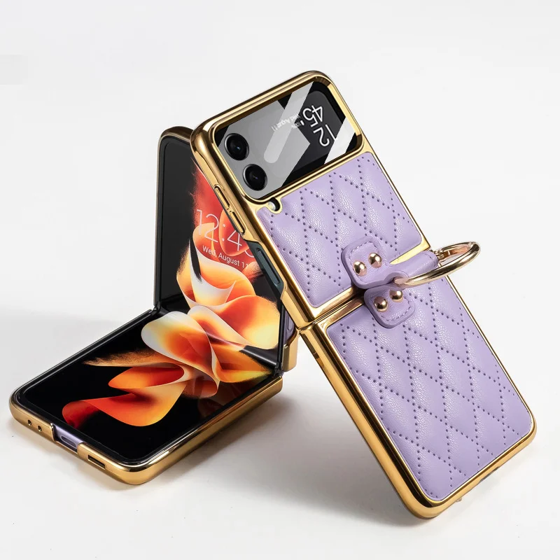 Luxury Electroplating Small Sweet Wind Phone Case With Metal Ring,Screen Protector And Kickstand For Galaxy Z Flip3/Z Flip4
