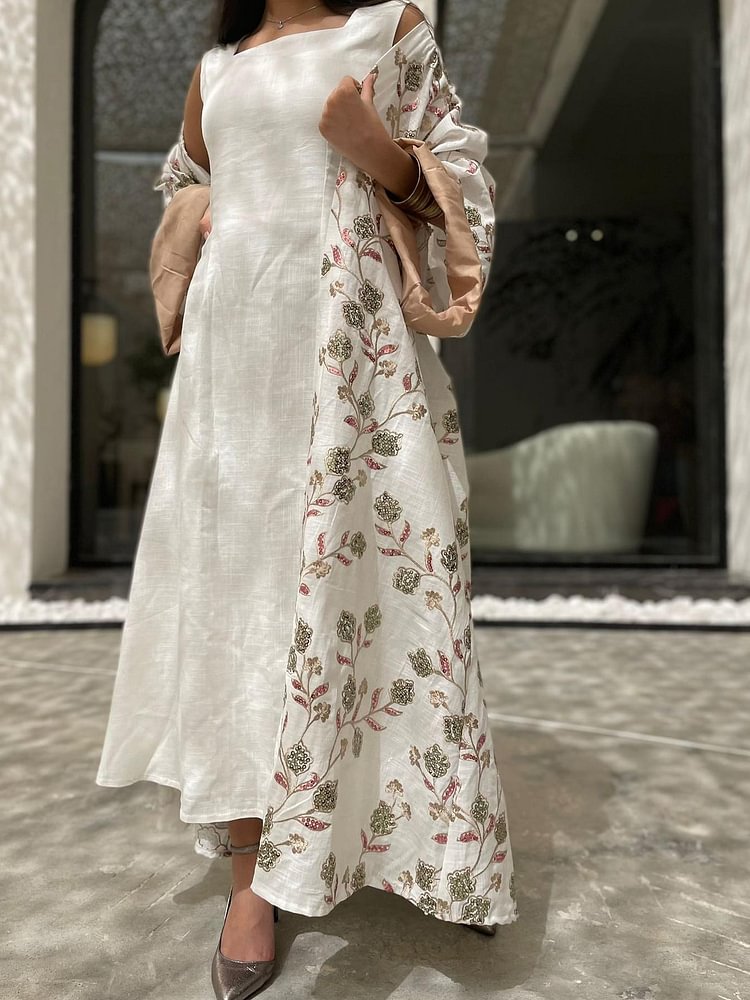Linen vest dress + embroidered cardigan two-piece set
