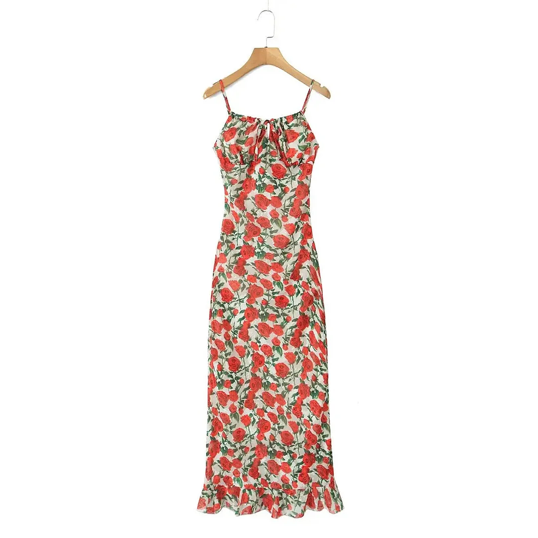 Tlbang Floral Print Spaghetti Strap Long Dress Sexy Women Sleeveless O Neck Summer Holiday Dresses French Style Robe