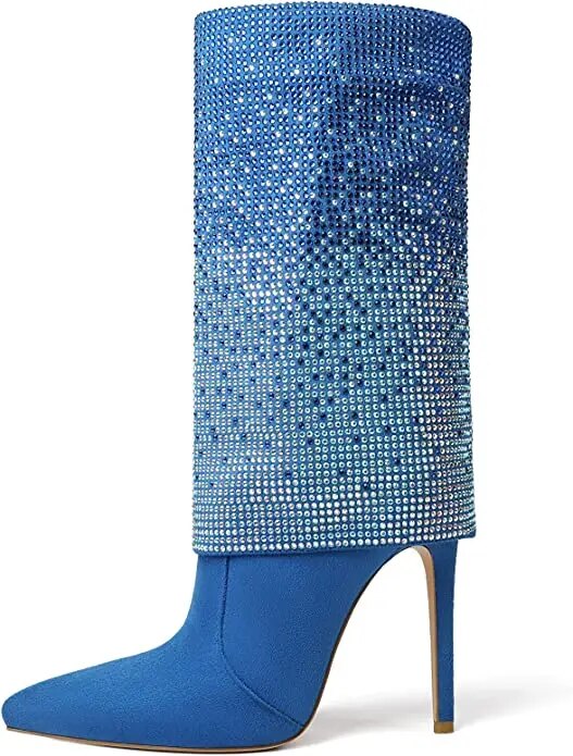 VCSHOES Thin High Heel Boots Pointed Toe Zipper Boots With Crustal Knee High Boots Women's Jeans Boots 44