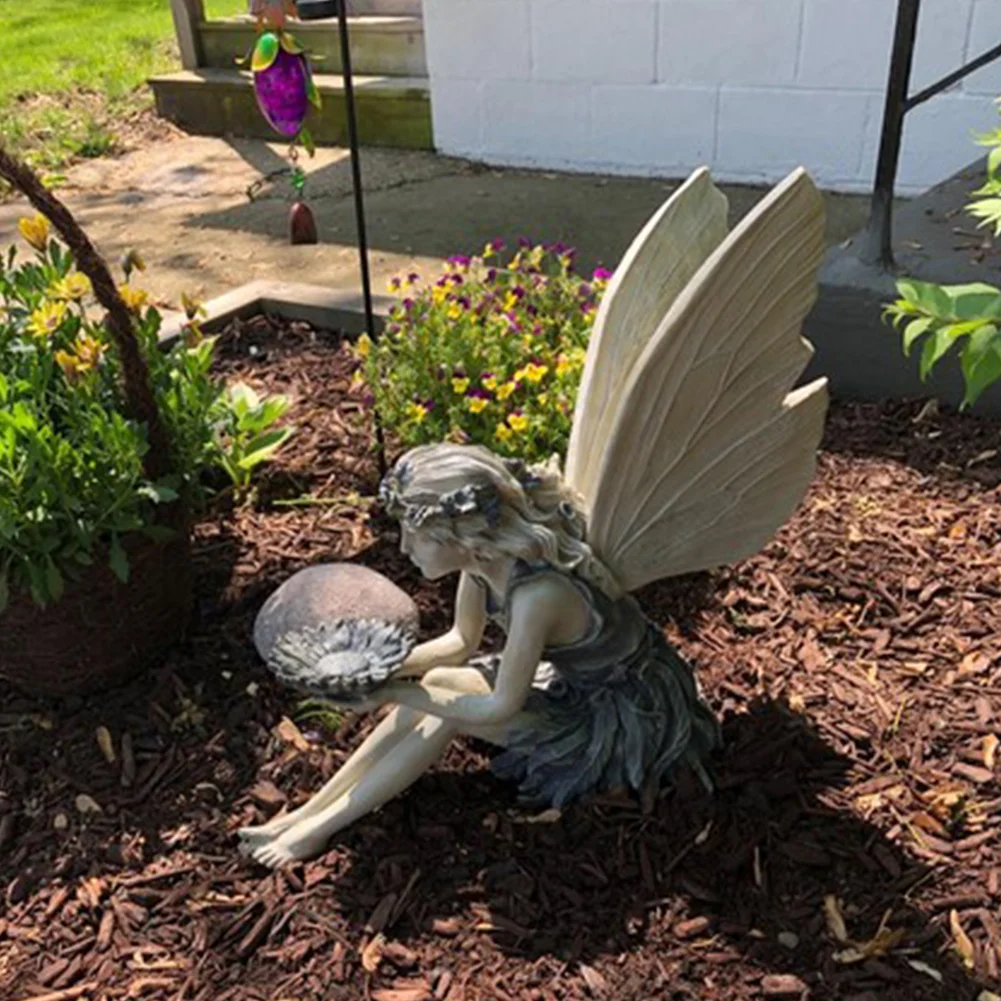 Flower Fairy Sitting Figurines Resin Craft Ornament Yard Art Garden Decor