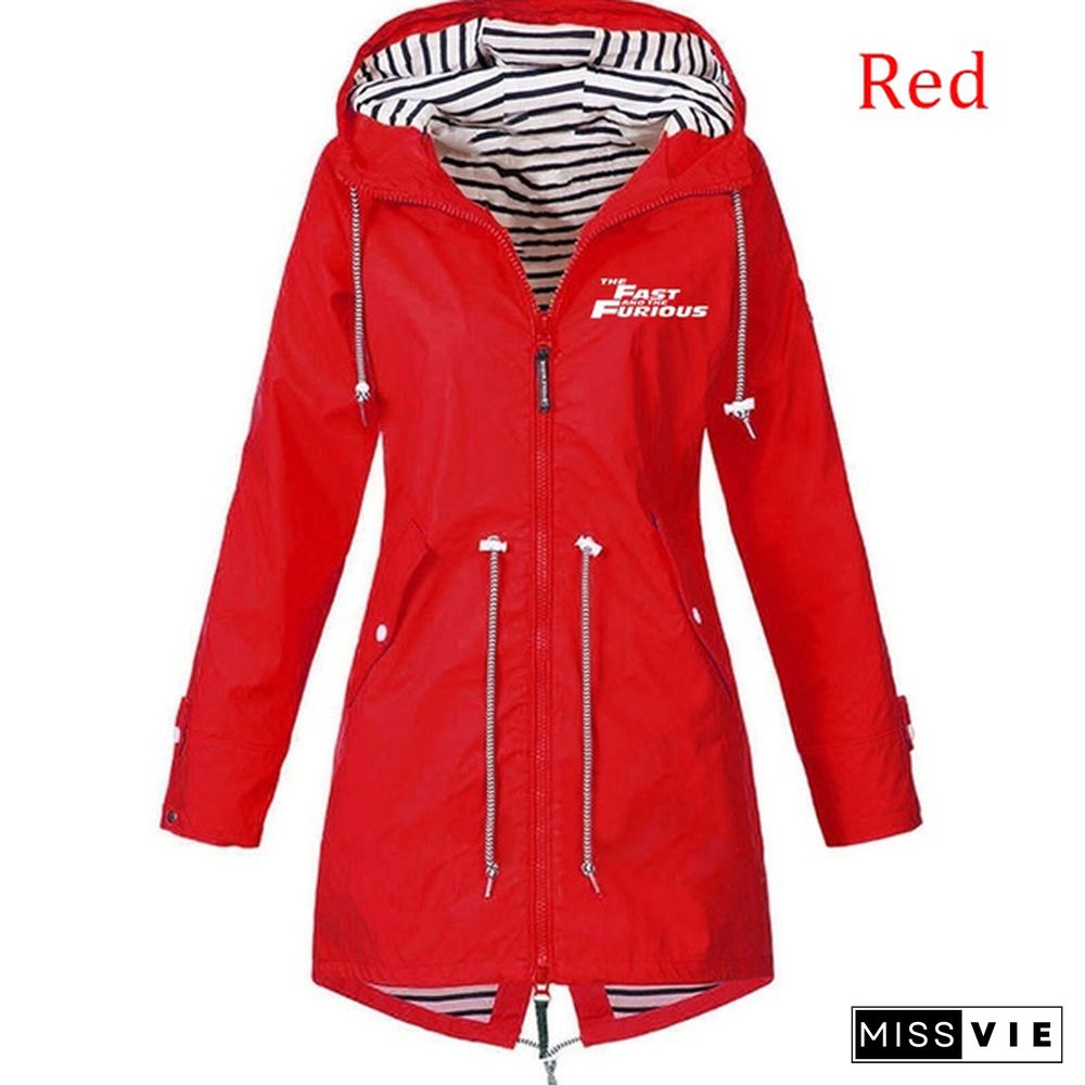 Ladies Double Layer Waterproof Lightweight Rain Jacket Outdoor Hooded Zipper Coats