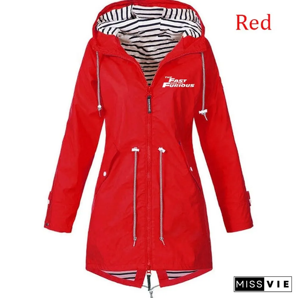Ladies Double Layer Waterproof Lightweight Rain Jacket Outdoor Hooded Zipper Coats