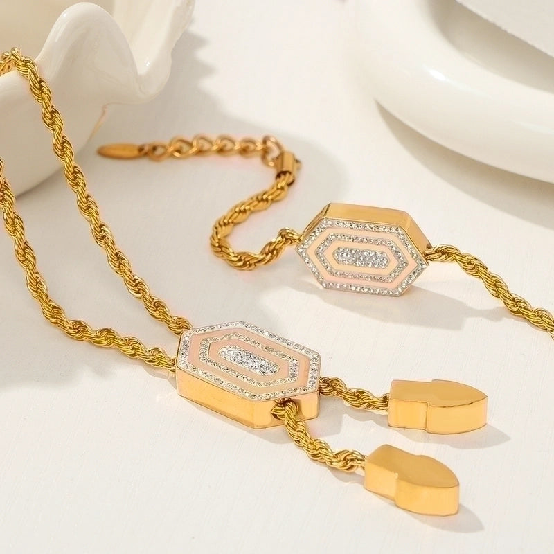 Retro Minimalist Commute Hexagon Twist Titanium Steel Rhinestones 18K Gold Plated Chain Inlay Bracelets Necklace