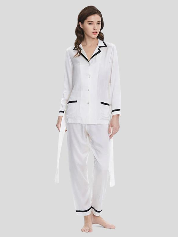 22 Momme Women's Elegant Silk Pajamas Set White REAL SILK LIFE