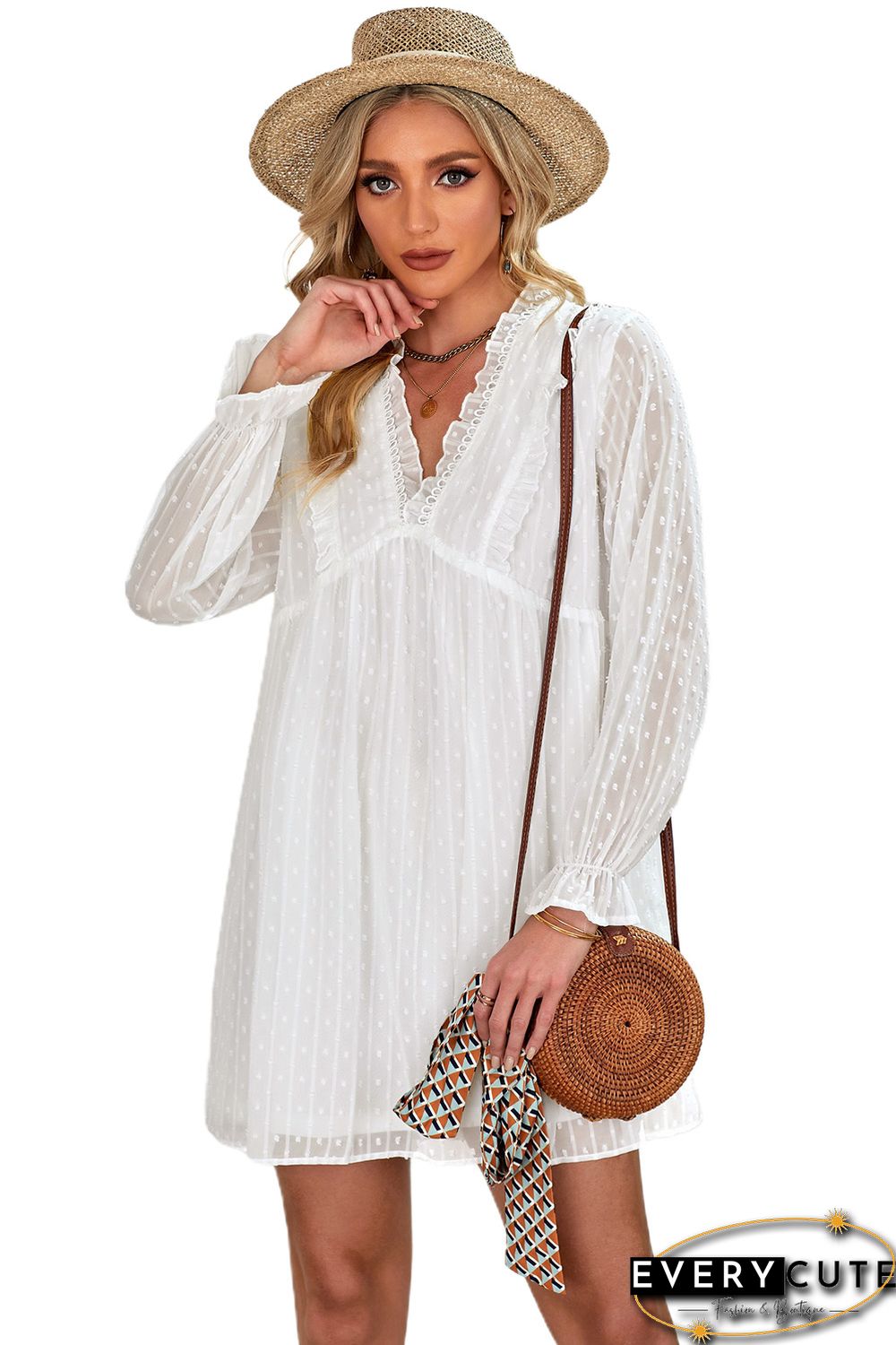 White Swiss Dot Ruffle V Neck Mini Dress