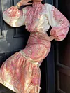 Vintage Floral Printed Stand Collar Long Sleeves Shirts+ Mermaid Skirt Two Pieces Set